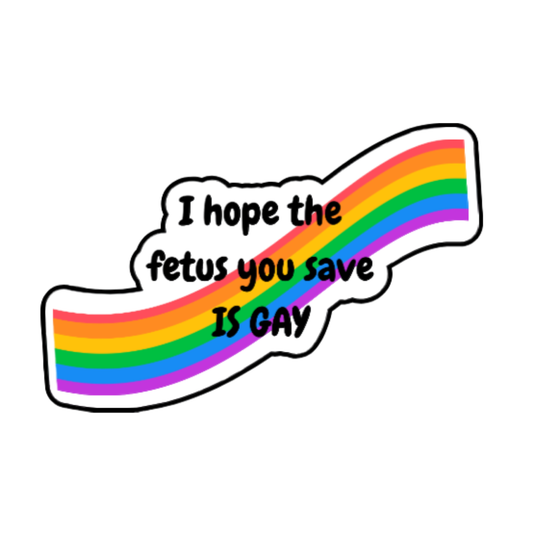 Sticker with a rainbow wave and the phrase “I hope the fetus you save is gay” in bold black text